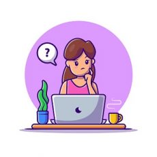 Confused Woman Working On Laptop Cartoon Vector Icon Illustration. People Technology Icon Concept Isolated Premium Vector. Flat Cartoon Style